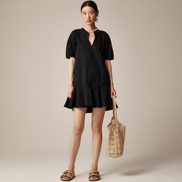 NWT!! J. CREW Delilah Dress Cotton Poplin Solid Black Mini Ruffle Preppy 3X - Picture 1 of 15